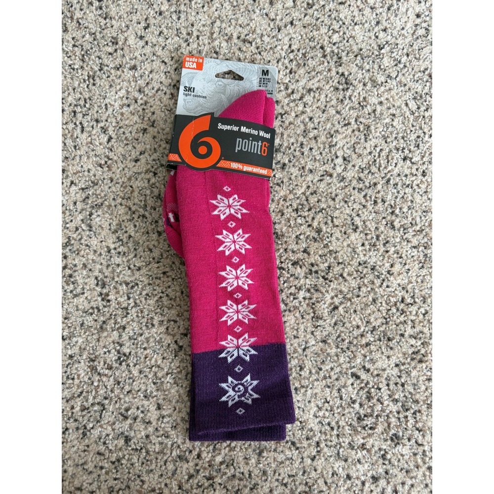 Point6 Merino Wool Socks Women Medium Pink Ski Over-The-Calf Pink Hiking